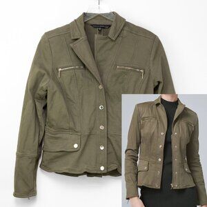 White House Black Market Denim Peplum Jacket Snap Front Olive Green Size 12